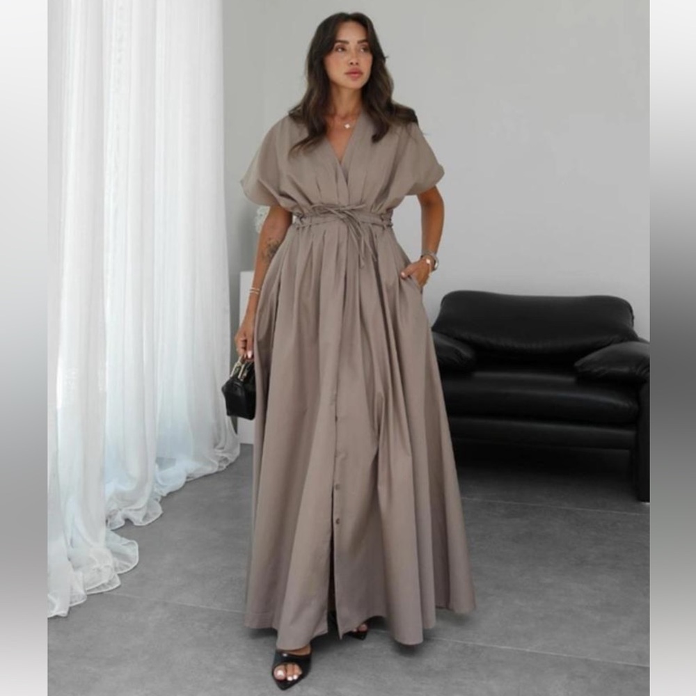 173. Shirt waist tie Elegant Taupe Maxi Dress